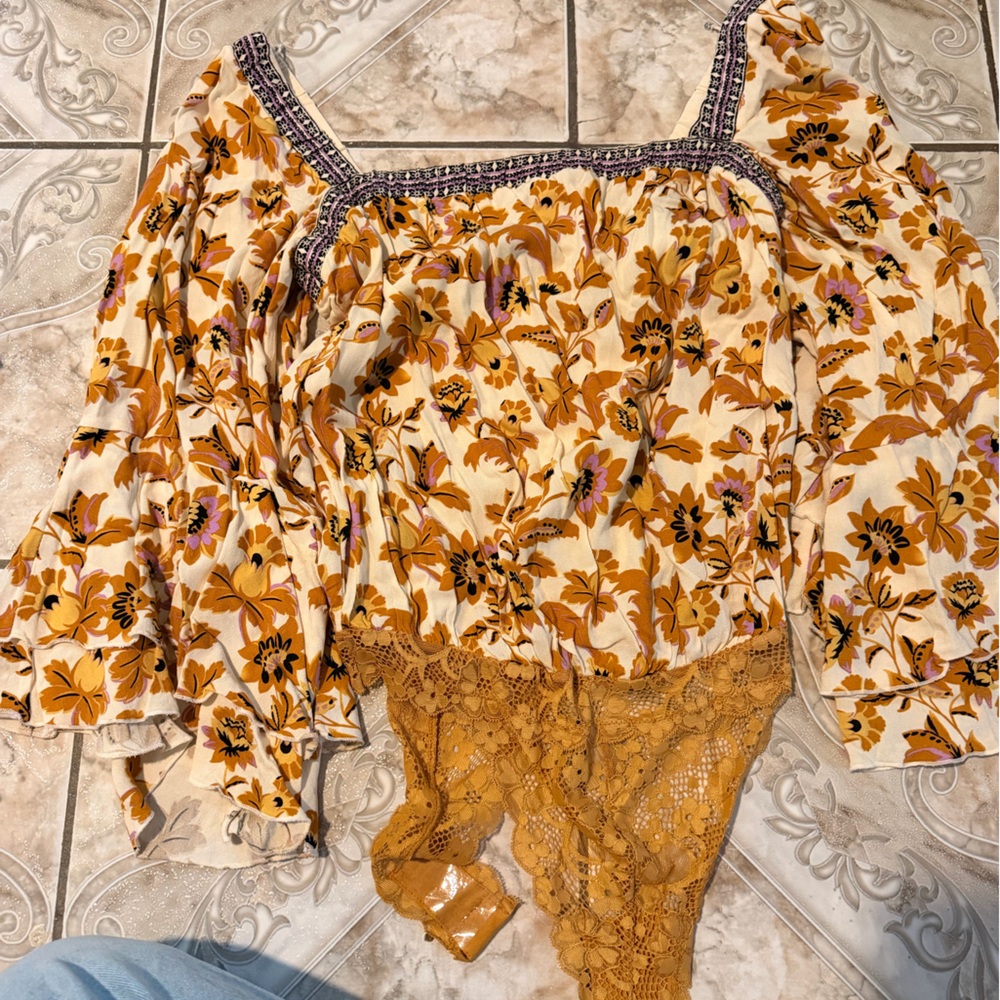 Free People Cream and Black Ruffled Top